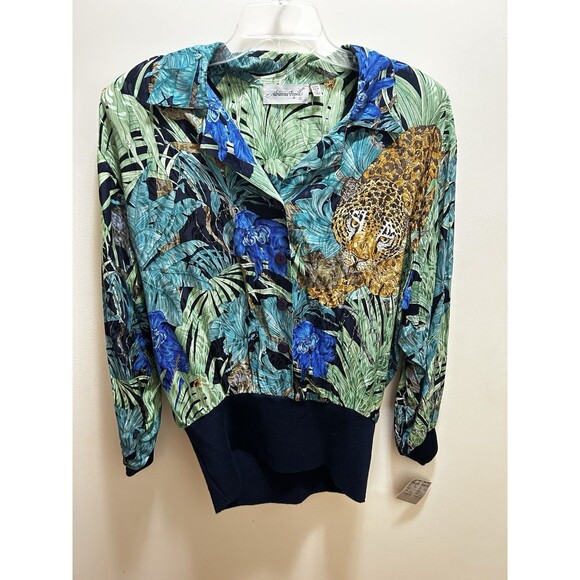 Vtg NOS Adrianna Papell 100% Silk Jungle Leopard Print Blouse 14 Animal Korea - Picture 1 of 7